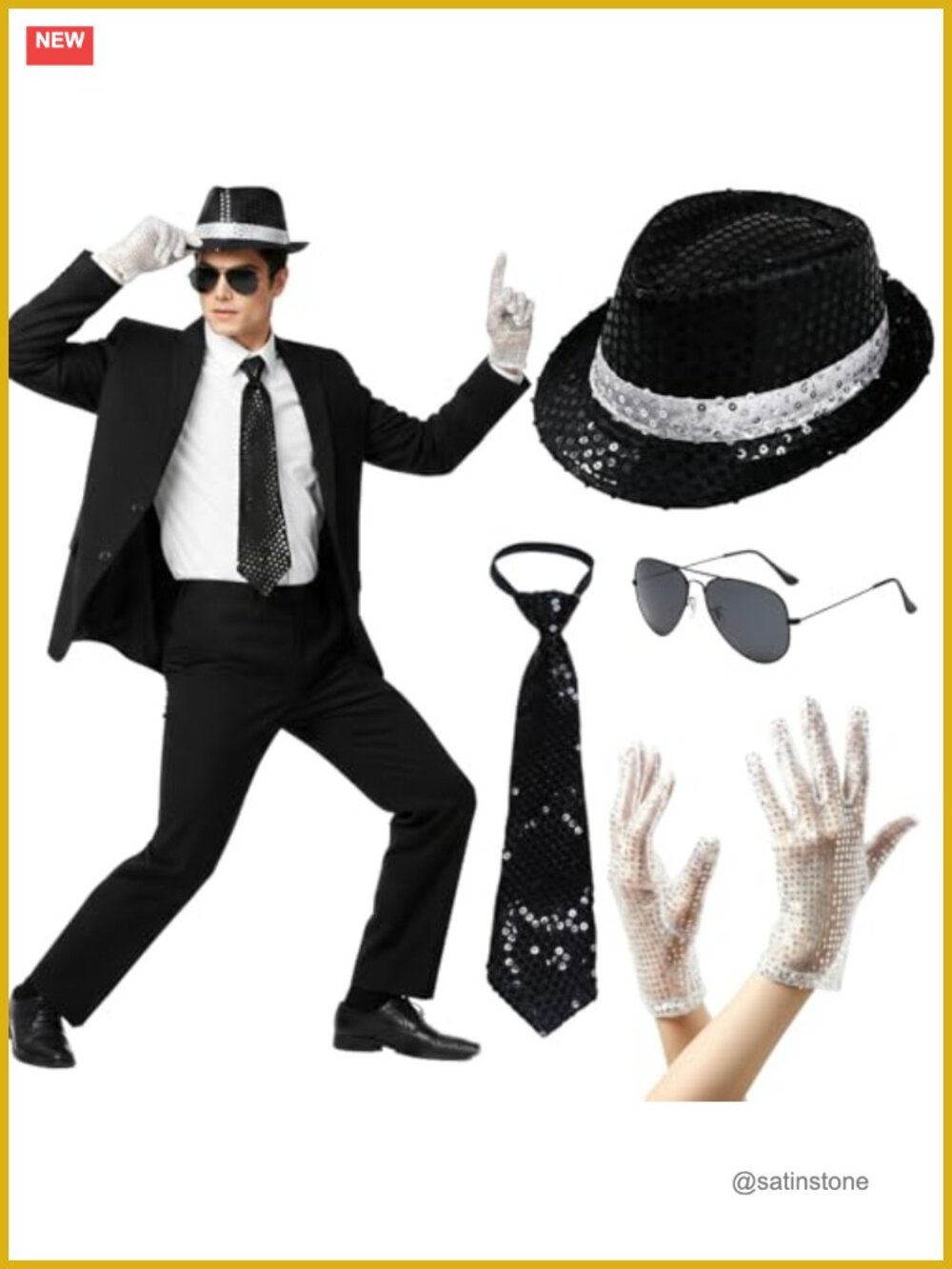 80s Pop Star Costume Sequin Jazz Hat Aviator Sunglasses Tie Gloves